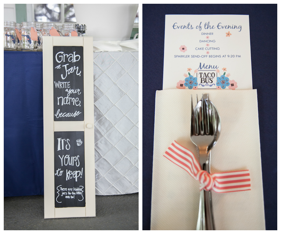 Tampa Wedding Reception Chalkboard Favor Sign and Orange Place Setting with Taco Bus Wedding Menu