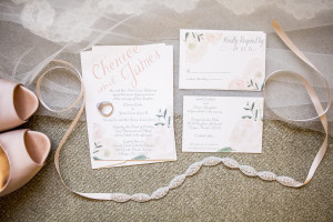 Soft, Romantic Ivory, Floral Accent Wedding Invitations with Rhinestone Wedding Belt