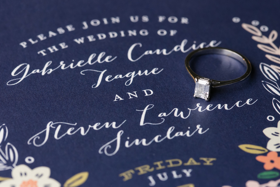 Bridal Wedding Engagement Ring on Blue Garden Wedding Invitation