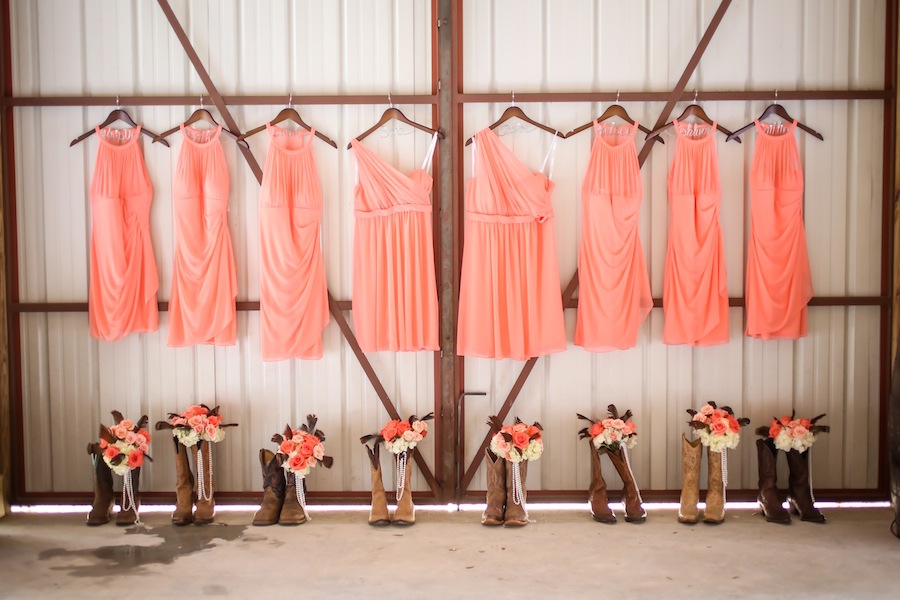 Coral David's Bridal Bridesmaid Dresses with Cowboy Boots | Rustic Wedding | Pink and Coral Wedding Bouquet by Tampa Wedding Florist Northside Florist