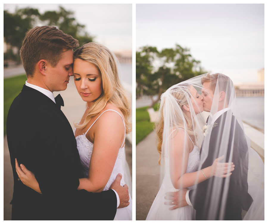 Outdoor, Tampa Bayshore Bride and Groom Wedding Portrait with Veil