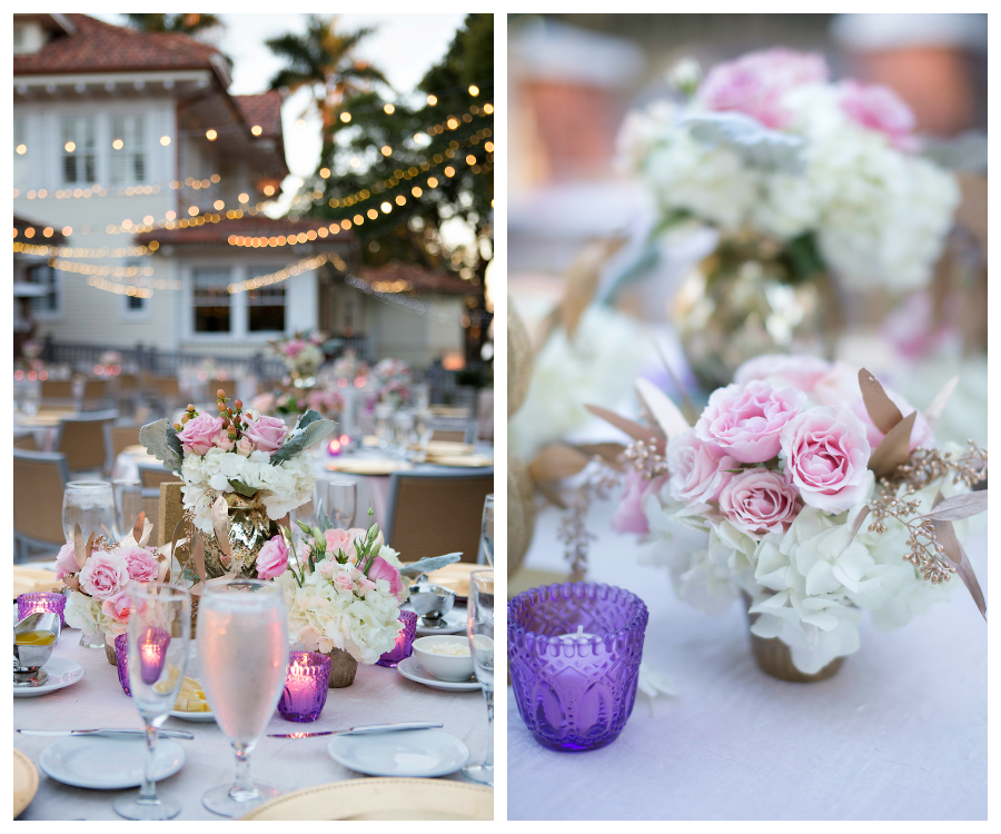 Romantic, Outdoor Sarasota, Florida Wedding Reception Table Decor with Purple Tealight Holders and White and Pink Floral Centerpieces