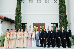 Wedding Bridal Party Portrait with Champagne Bridesmaids Dresses and Black Groomsmen Suits