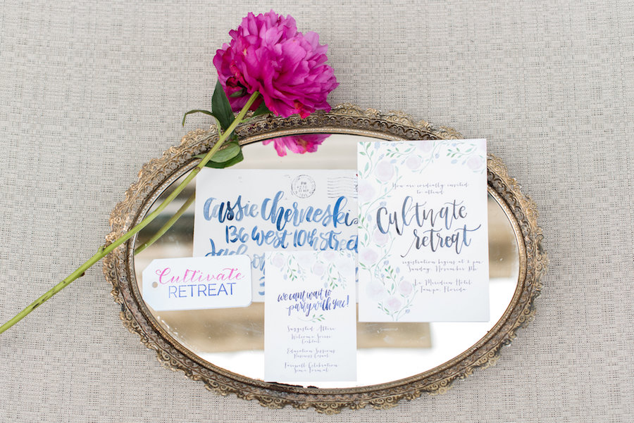 Cultivate Retreat Wedding Invitations with Watercolor Calligraphy