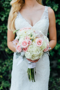 Lace Wedding Dress and Pink Rose and White Hydrangea Bridal Bouquet