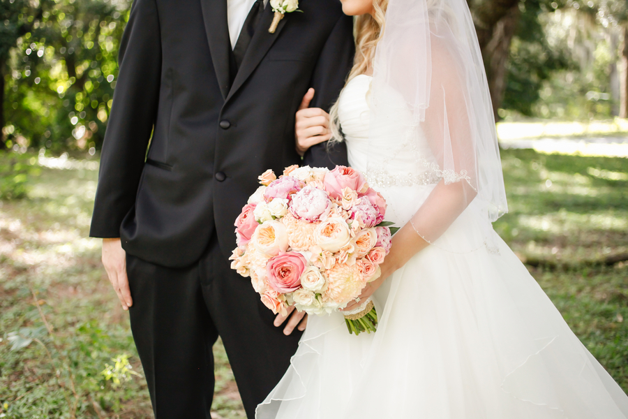 Bride and Groom Wedding Portrait, Pink, Cream, and White Floral Bridal Wedding Bouquet