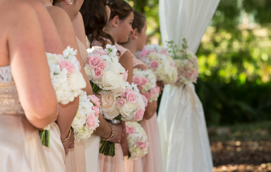 Champagne Bridesmaid Dresses with White and Pink Wedding Bouquets