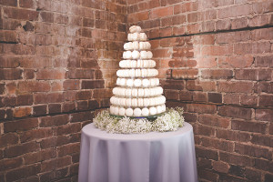 Wedding Reception White Macaroon Cake Dessert Table with Baby's Breath