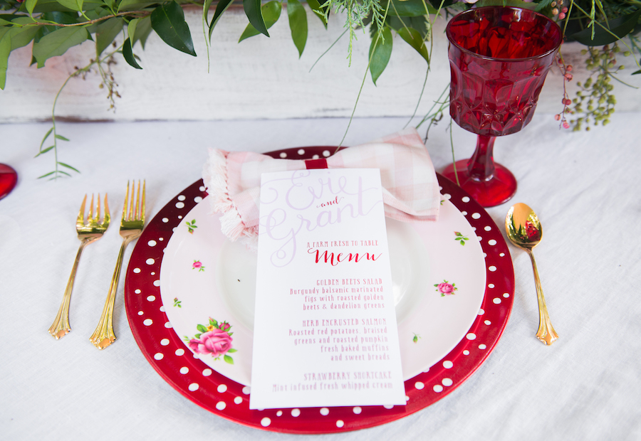 Red Strawberry Inspired Wedding Place Settings | Tampa Bay Vintage Wedding Rentals Ever After Wedding Rentals