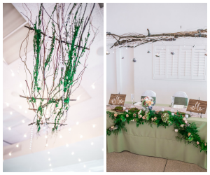 Rustic Bride and Groom Sweetheart Table at Wedding Reception, Twig/Branch, Green Garland and Floral Accents
