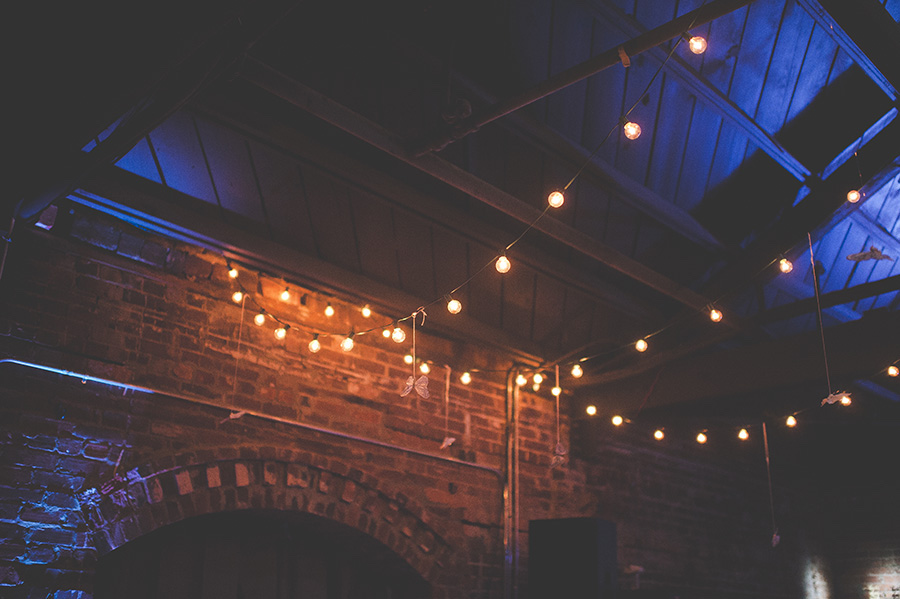 Nighttime Wedding Reception String Lighting | Modern, Unique Exposed Brick Tampa Wedding Venue CL Space in Ybor City