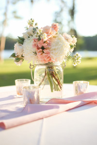Pink and White Cocktail Hour Centerpieces in Mason jar with Tea Light Candles and Pink Linens