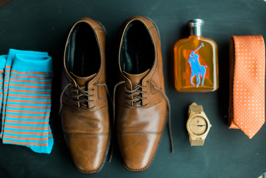Brown, Groom's Shoes with Turquoise Blue and Orange Striped Socks and Orange and White Polka Dot Tie
