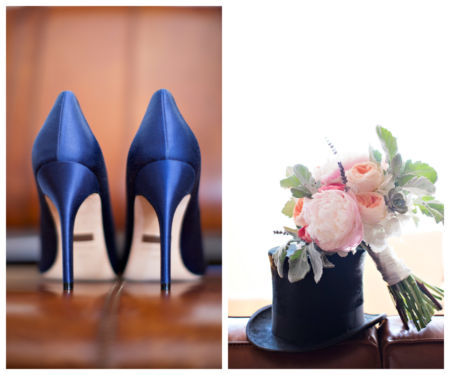 Blue Wedding Shoes and Pink and Peach Peony Wedding Bouquet