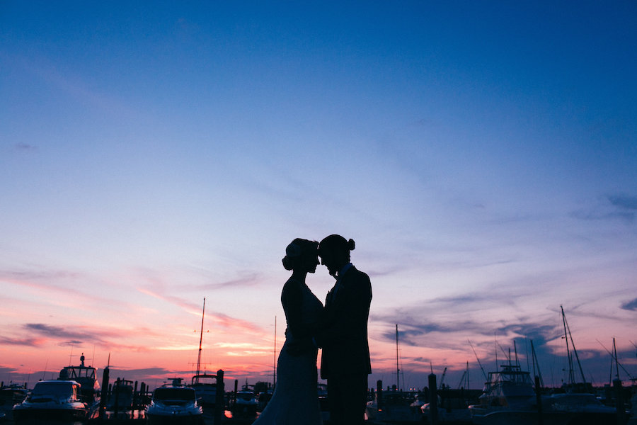 South Tampa Waterfront Wedding Silhouette Bride and Groom Portrait at Sunset | Florida Wedding