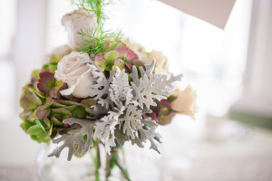 Vintage, Rustic White Rose Floral Centerpiece with Lamb's Ear accents and Green Leaves