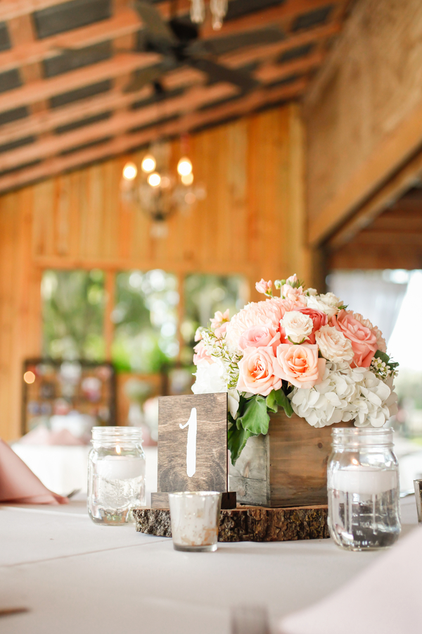 Wedding Reception Pink and White Centerpieces in Wooden Box on Wooden Tree Stand with Mason Jar Candles