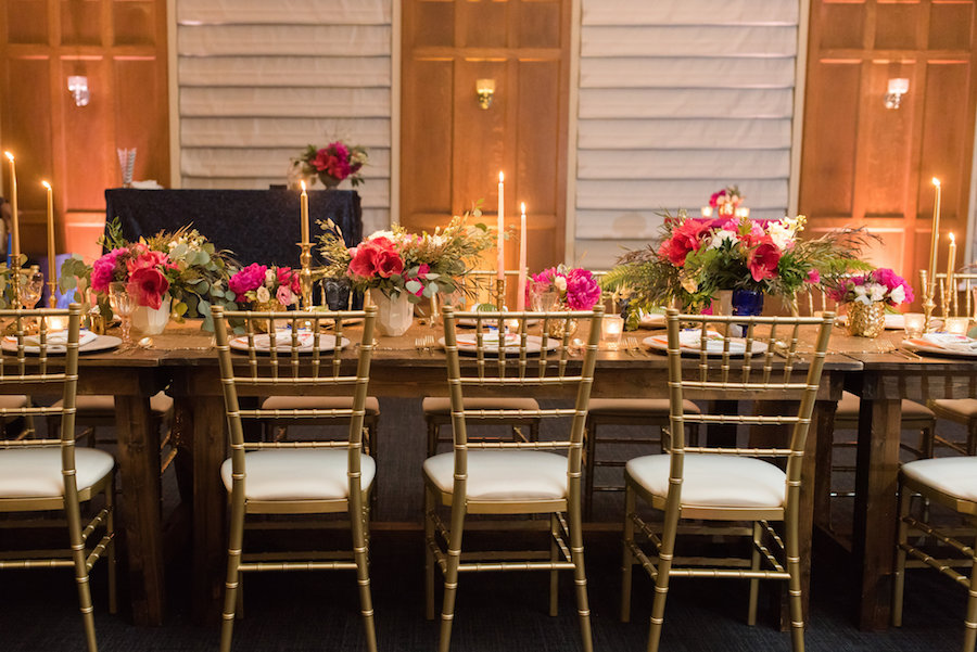 Long Farm Table with Gold Chiavari Chairs and Pink Wedding Centerpiece and Gold Sequined Specialty Linen | St. Petersburg Wedding Photography Caroline & Evan Photography