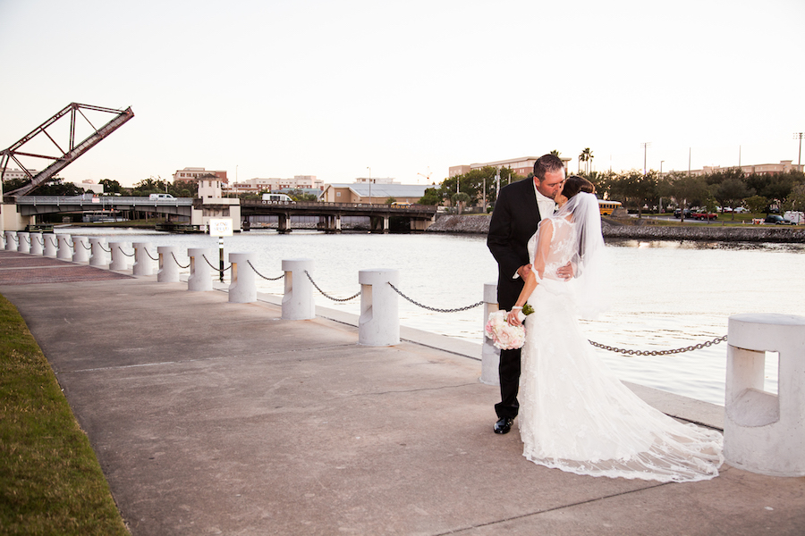 Bride and Groom Wedding Portrait on Riverwalk near Curtis Hixon Park| Downtown Tampa Wedding Venue The Straz Center