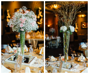 Tall Wedding Reception Centerpieces | Mirrored Trays and White and Pink Floral Centerpieces with Branches