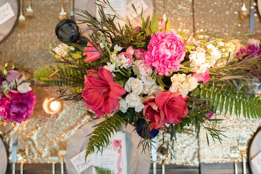 Pink and White Wedding Centerpiece with Greenery and Sequined Specialty Linen | St. Petersburg Wedding Photography Caroline & Evan Photography