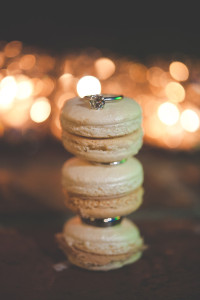Bride and Groom Wedding Band and Engagement Ring on Macaroons Portrait
