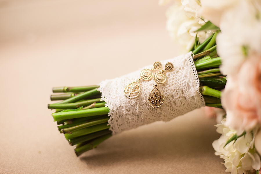 Lace Wedding Bouquet Wrap/Tie with Gold Earrings