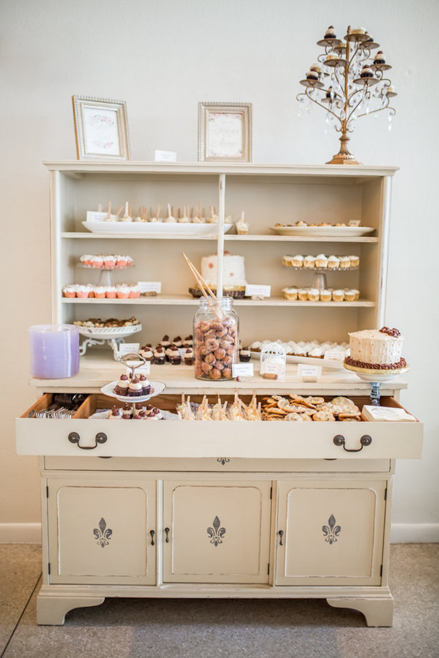 Vintage Wooden Chest Dessert Table With Cupcakes, Cookies, Cake, and Sweets