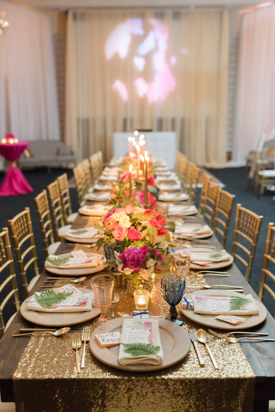 Long Farm Table with Pink Wedding Centerpiece and Gold Sequined Specialty Linen | St. Petersburg Wedding Photography Caroline & Evan Photography