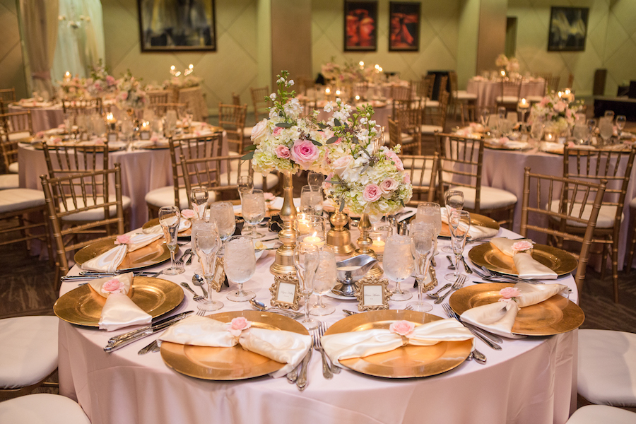 Gold, Pink and White Wedding Centerpieces with Pink-Blush Specialty Linens | Downtown Tampa Wedding Venue The Straz Center