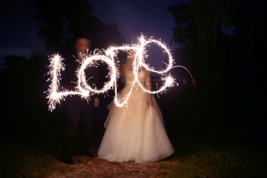 Nighttime, Bride and Groom Sparkler Portrait Spelling Love