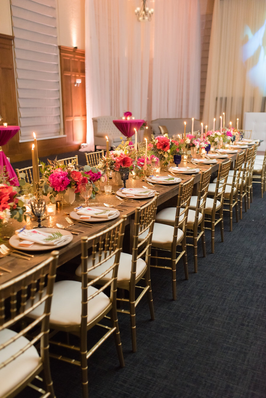 Long Farm Table with Pink Wedding Centerpiece and Gold Sequined Specialty Linen | St. Petersburg Wedding Photography Caroline & Evan Photography