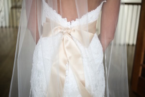 White Lace Stella York Wedding Dress with Tan Beige Sash Belt | Rustic Wedding