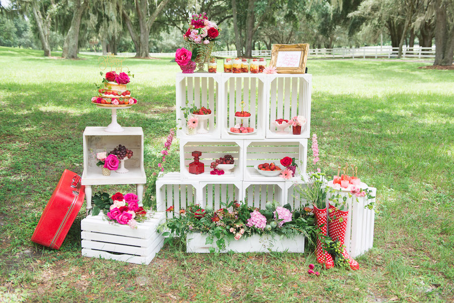 Wedding Reception Dessert Bar with Vintage Crates as Display with Touches of Strawberry Red and Pink | Tampa Wedding Rentals by Ever After Vintage Weddings