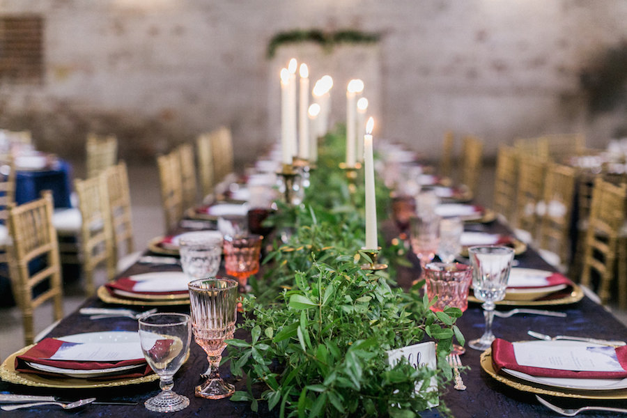 Wedding Reception Tablescape with Vintage Glassware Greenery Centerpieces and Chargers | Tampa Wedding Rentals by Ever After Vintage Weddings