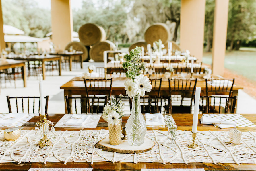 Vintage Crochet Inspired Wedding Reception Table Setting with Vintage Vases and Daisy Centerpieces | Tampa Wedding Rentals by Ever After Vintage Weddings