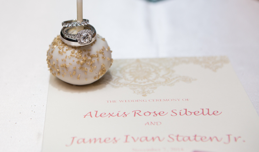 Wedding and Engagement Ring Portrait with Cake Pop and Wedding Invitation