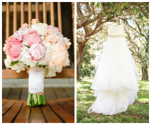 White, Stella York Bridal Wedding Gown and Pink, White, and Cream Bridal Wedding Bouquet