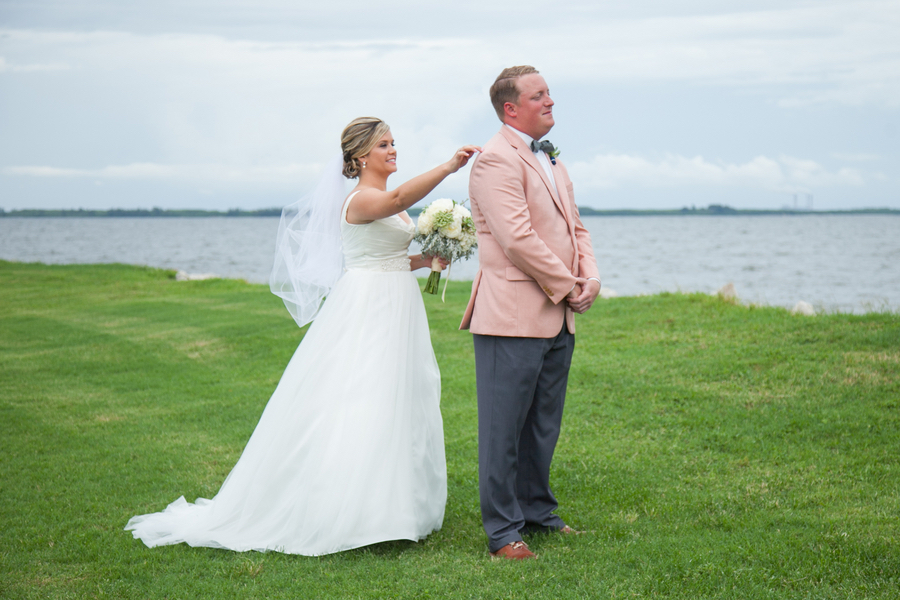 Outdoor, Waterfront Florida Bride and Groom First Look | Tampa Wedding Photographer Carrie Wildes Photography