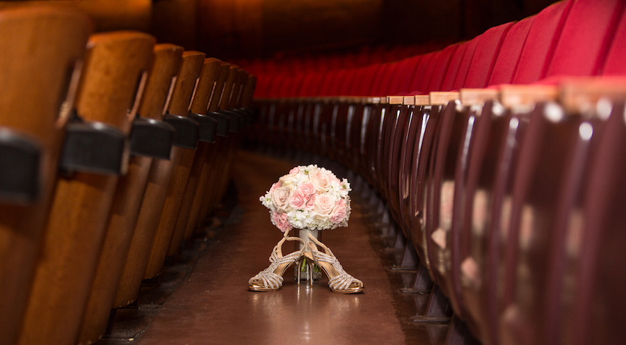 Rhinestone Jeweled Open Toed Wedding Shoes and White and Pink Wedding Bouquet in Straz Center Theatre