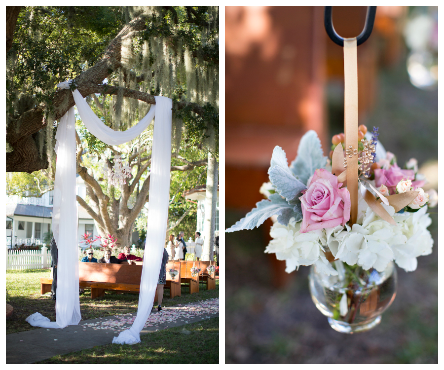 Outdoor Florida Wedding Ceremony with Wooden Pews and Hanging Floral Vases with Pink Roses | Sarasota Wedding Venue Palmetto Riverside Bed and Breakfast