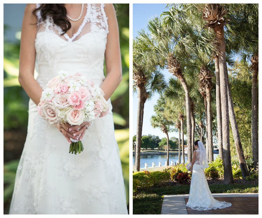 White and Pink Wedding Bouquet with Lace Wedding Dress | Downtown Tampa Bridal Portrait