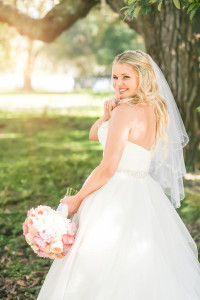 Bride Wedding Portrait in Stella York Dress and Pink and White Floral Bouquet