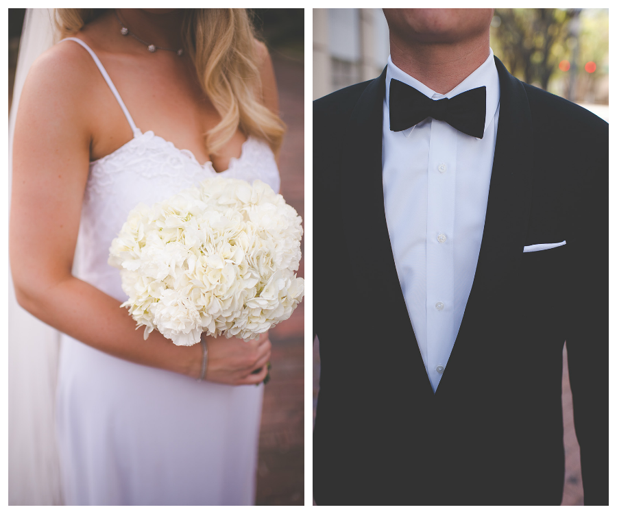 Bride and Groom Wedding Portrait in White Vintage Dress and Tux Detail with White Floral Bouquet