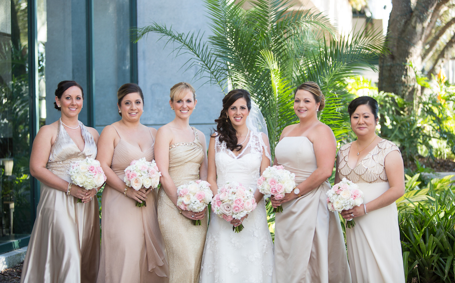 Champagne Bridesmaid Dresses with White and Pink Wedding Bouquets
