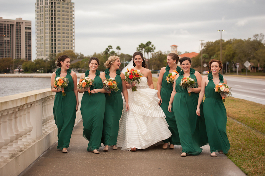 Tampa Bride and Bridesmaids in Emerald Green Dresses Portrait on Bayshore Boulevard