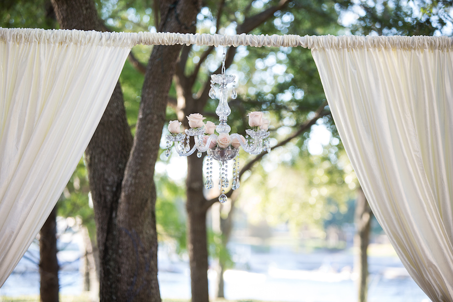Outdoor Wedding Ceremony Decor with Draping and Hanging Chandelier | Downtown Tampa Wedding Venue The Straz Center