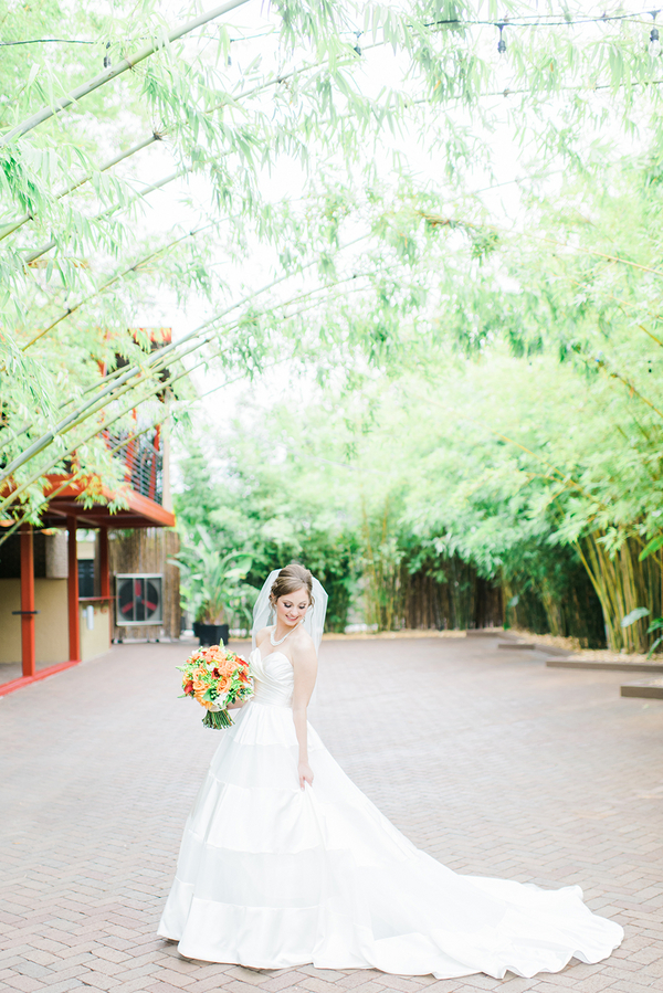 Bridal Portrait in White, Strapless Alfred Angelo Wedding Gown and Veil | Downtown St. Pete Wedding Venue NOVA 535 Event Space Bamboo Garden