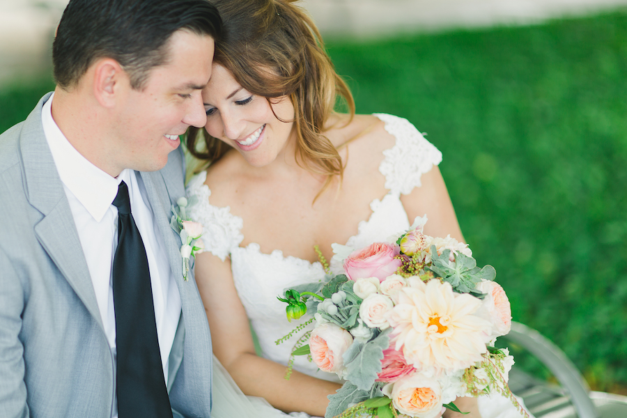 Bride and Groom Wedding Portrait with Pastel Peach and Pink Wedding Bouquet | Best St. Pete Wedding Photographer | Roohi Photography