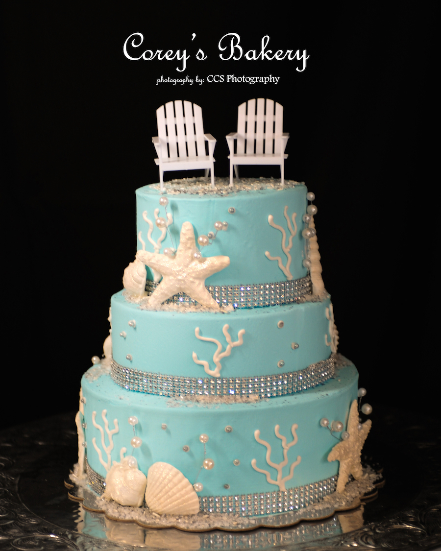 Nautical Inspired Teal Starfish and Seashell Wedding Cake Tampa Clearwater Wedding Cakes Vendor | Corey's Bakery and Catering